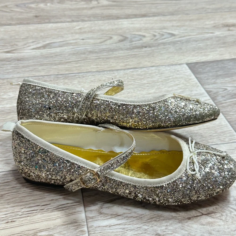 J Crew Kids Gold Sparkle Mary Janes Size 3 Ballet Flat EUC D193 Holiday Party